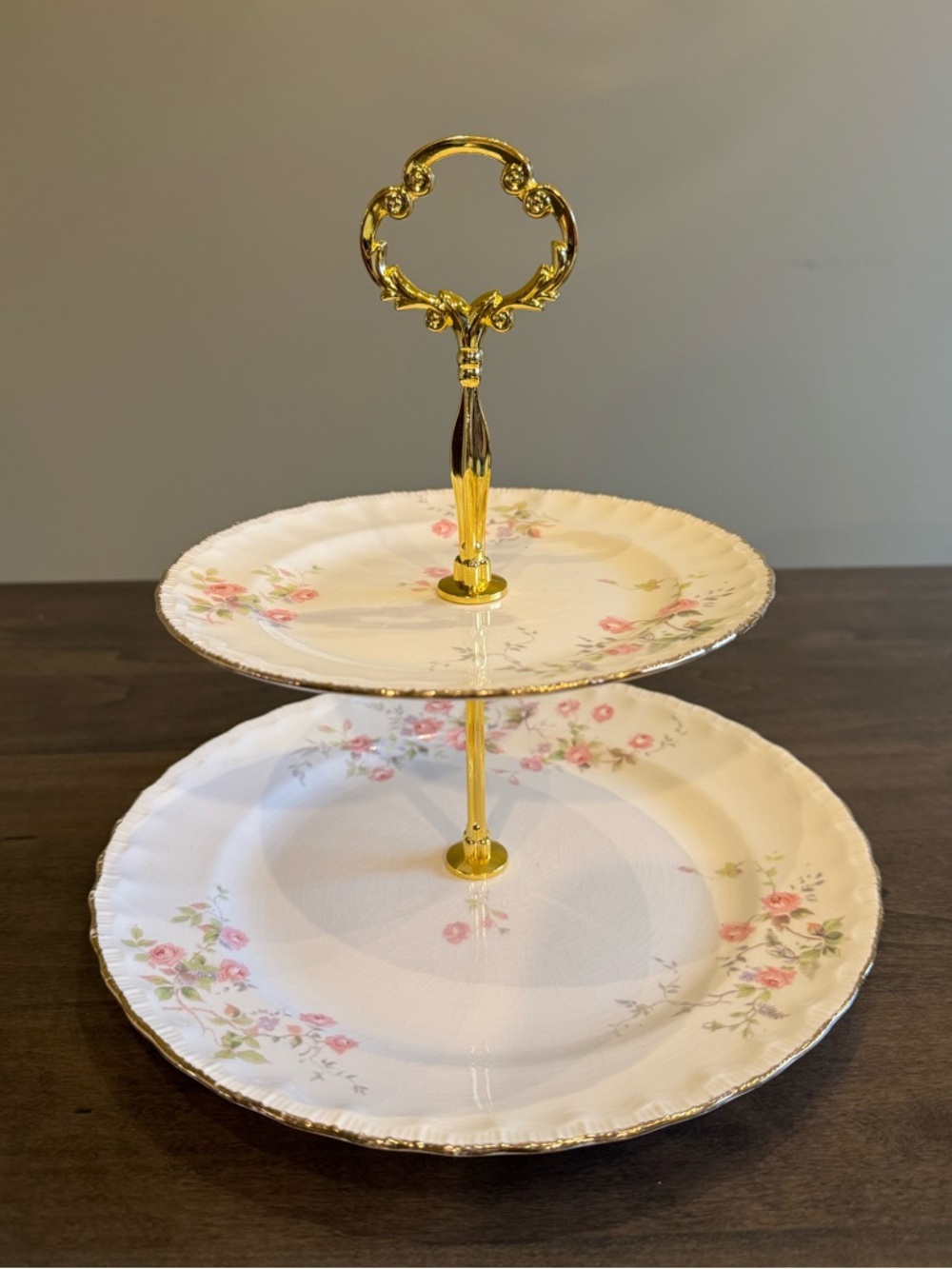 Pope Gosser Floral Two-Tier Cake Stand with Gold Handle